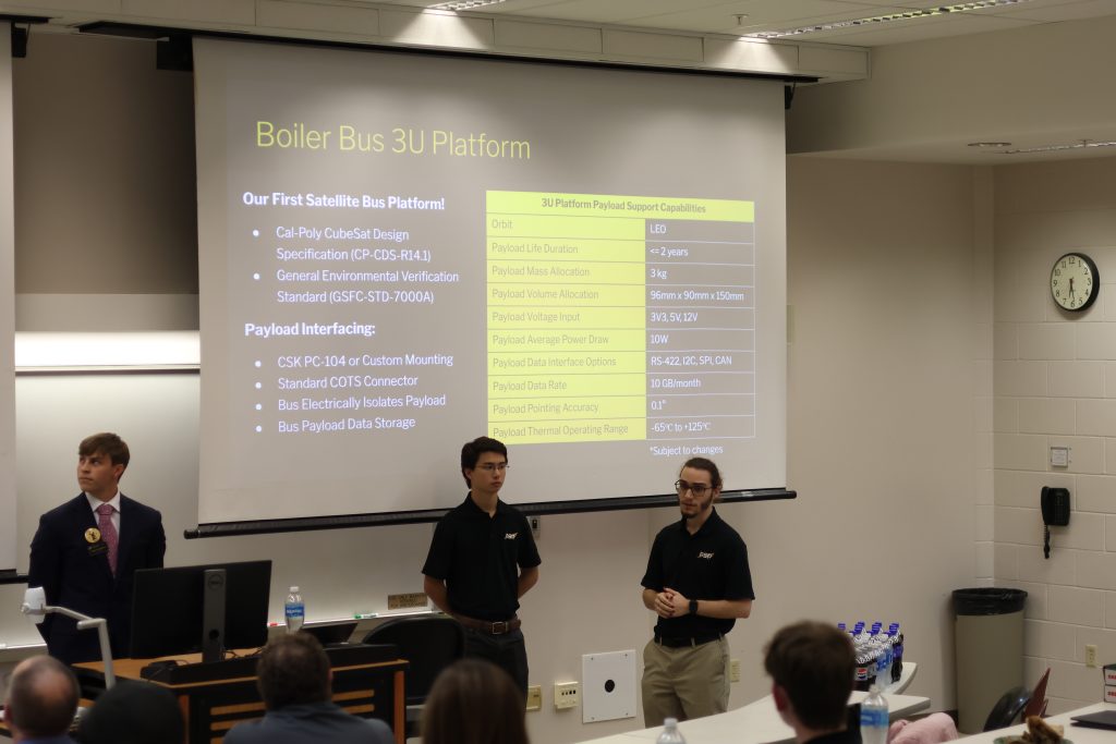 Sats BoilerBus presentation Three students stand in front of a screen giving a presentiation