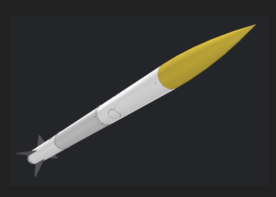 HY Spectre render A white rocket with 4 fins, a yellow nosecone, and a silver section in the middle